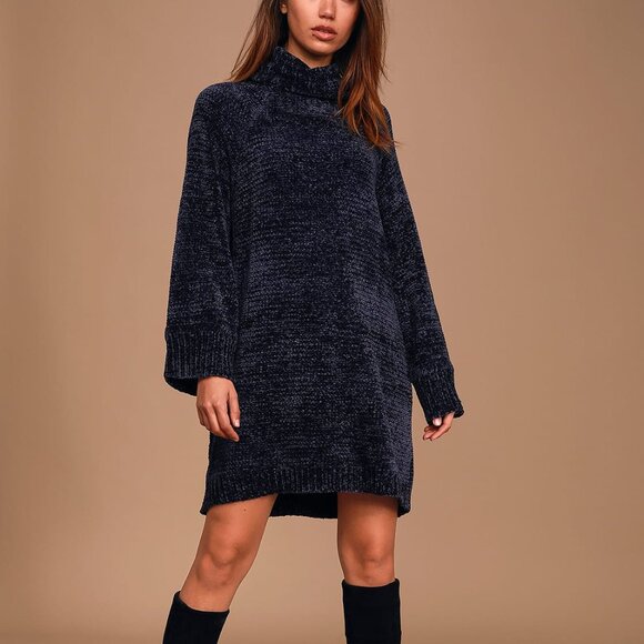 Lulus Dresses & Skirts - Lulus Chenille Feels Navy Blue Knit Turtleneck Sweater Dress, Size L
